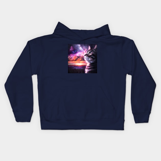 Tabby cat looking at nebula sky Kids Hoodie by Off the Page